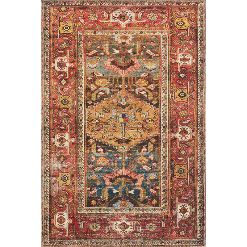 Tapis bleu / brun / rouge tissé à la machine Anaelise, Rectangle 3 pi 6 po x 5 pi 6 po