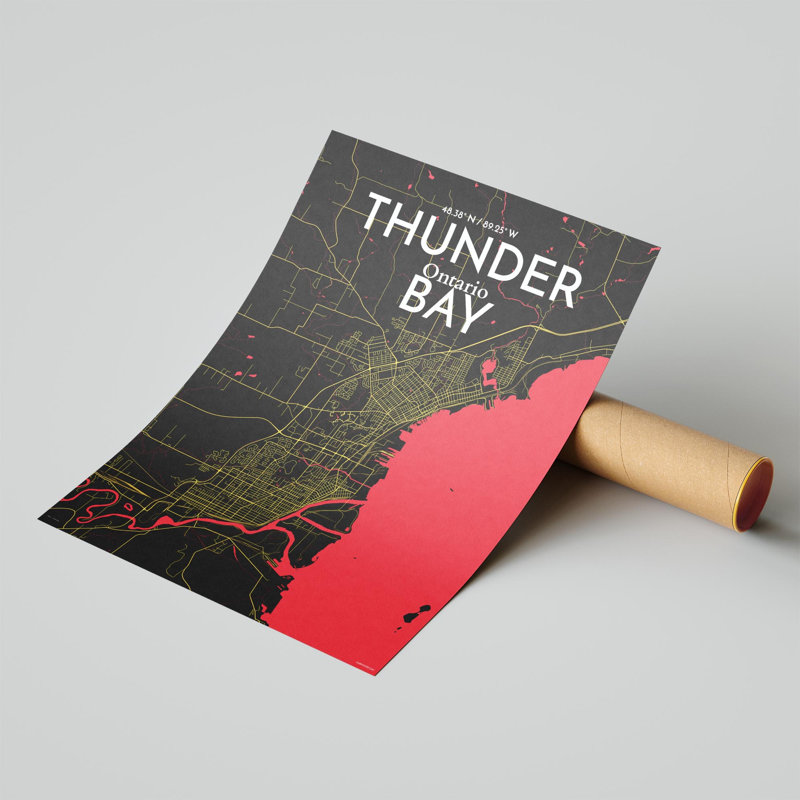 Thunder Bay City Map, impression, Noir / rouge / jaune, H 24 po x l 18 po
