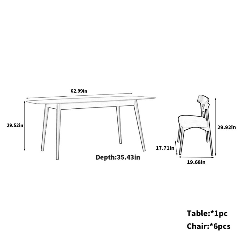 Ensemble de table et chaises en chêne, H 29,52 po x L 62,99 po x l 35,43 po