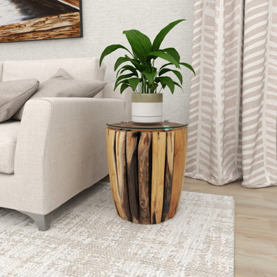 Ranier Brown Teak Wood Handmade Live Edge Tree Branch Side End Accent Table with Clear Glass Top