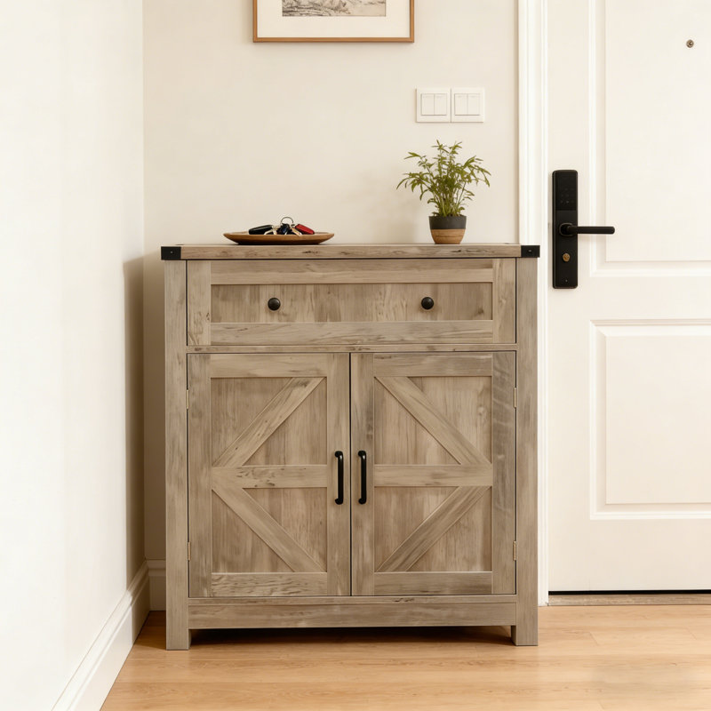 Buffet de ferme compacte, bois gris clair avec porte de grange pour la cuisine