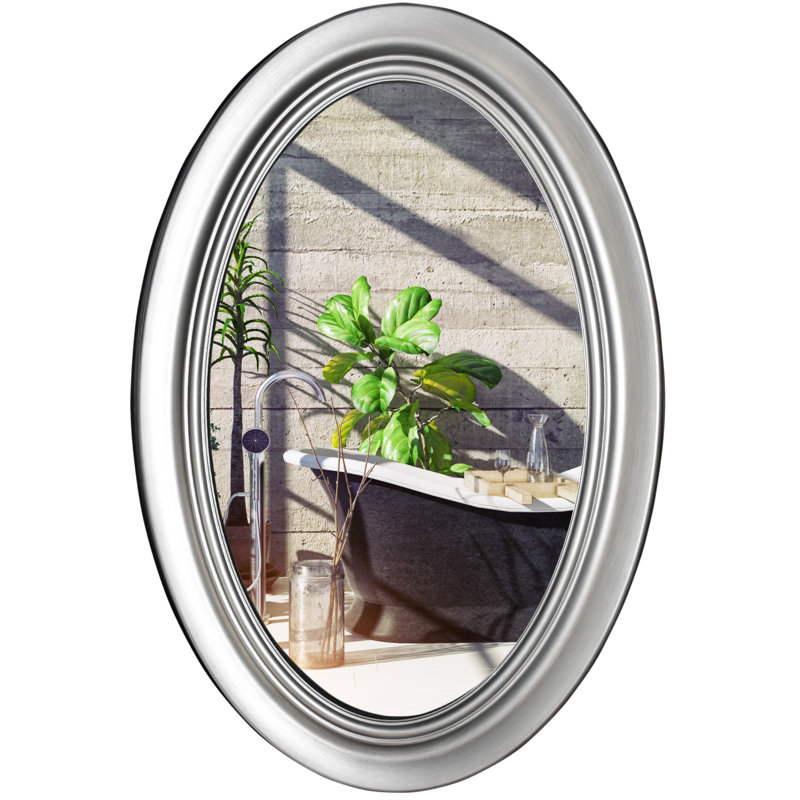 Solid Wood Flat Oval Wall Mirror with Decorative Frame Lightweight, Vertical or Horizontal Mount, Brushed Nickel
