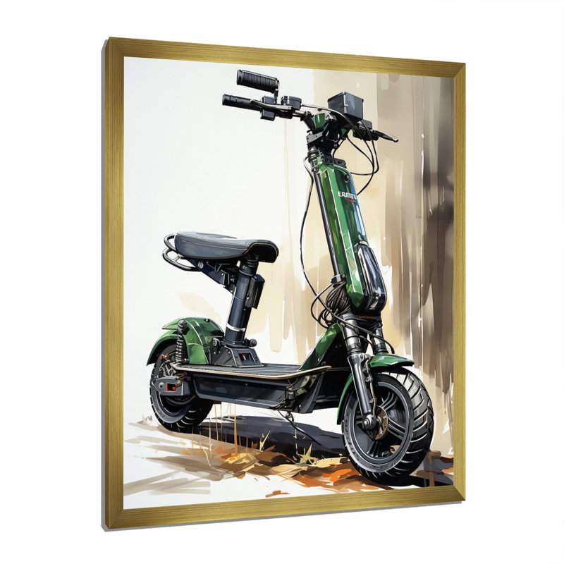 Chieu vert scooter électrique sur toile, H 32 po x l 24 po x P 1 po, Encadrement doré