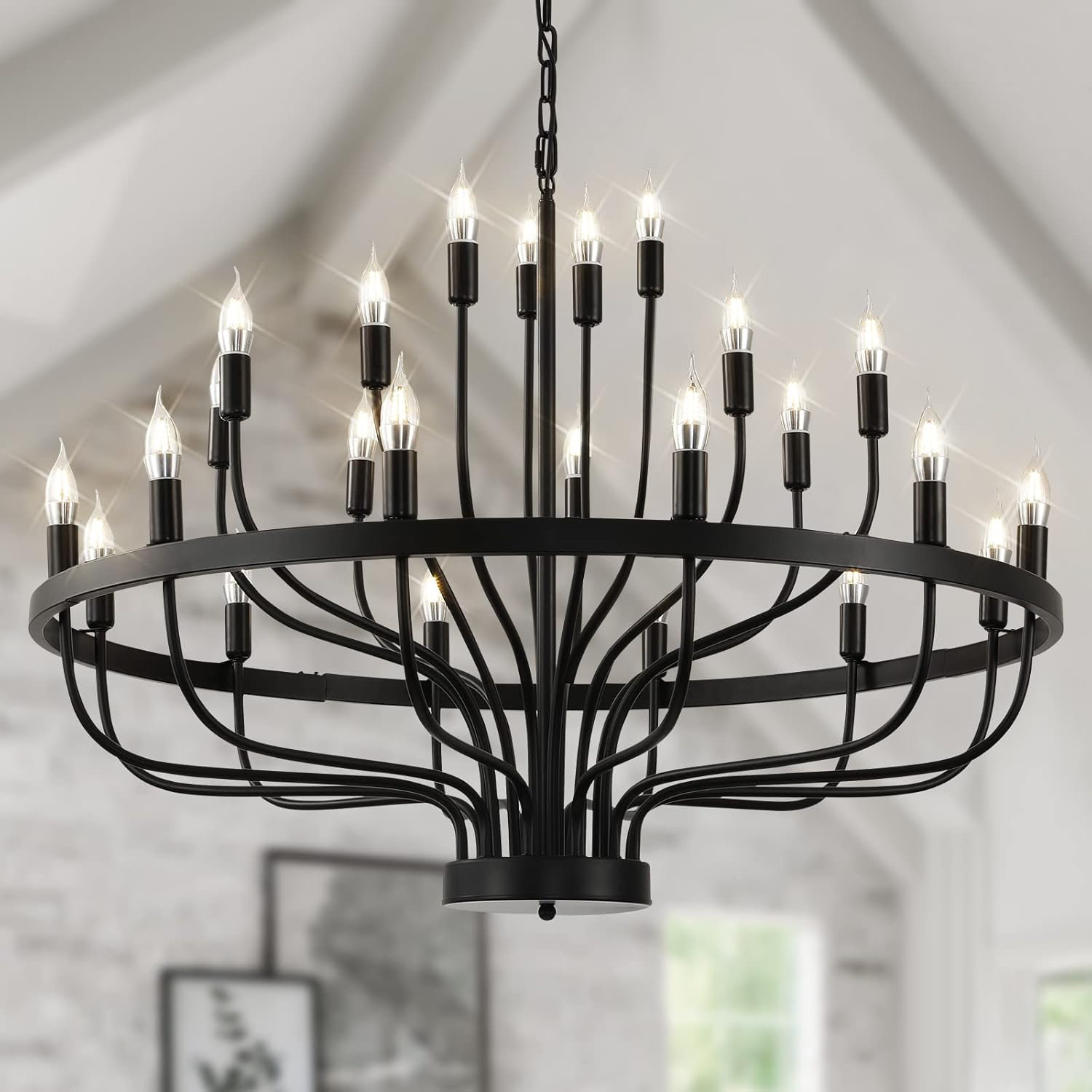 Gracie Oaks 39In Black 24-Light Chandelier, Modern Farmhouse Industrial  Candle Light Fixture, 3-Tier Wagon Wheel Design For Dining Room, Living  Room, Foyer, Hallway, Island | Wayfair, image size:1500x1500