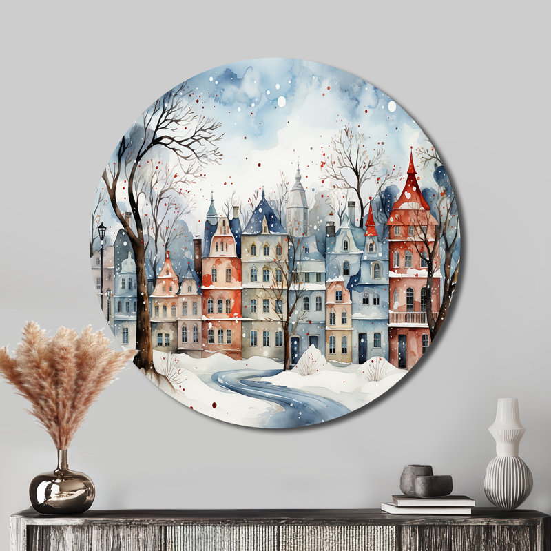 Village de Noël en hiver III - Paysages ronds, art en métal, H 29 po x l 29 po