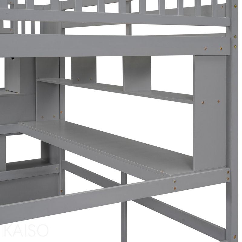 Lit mezzanine double avec bureau, tablettes de rangement et escalier, gris