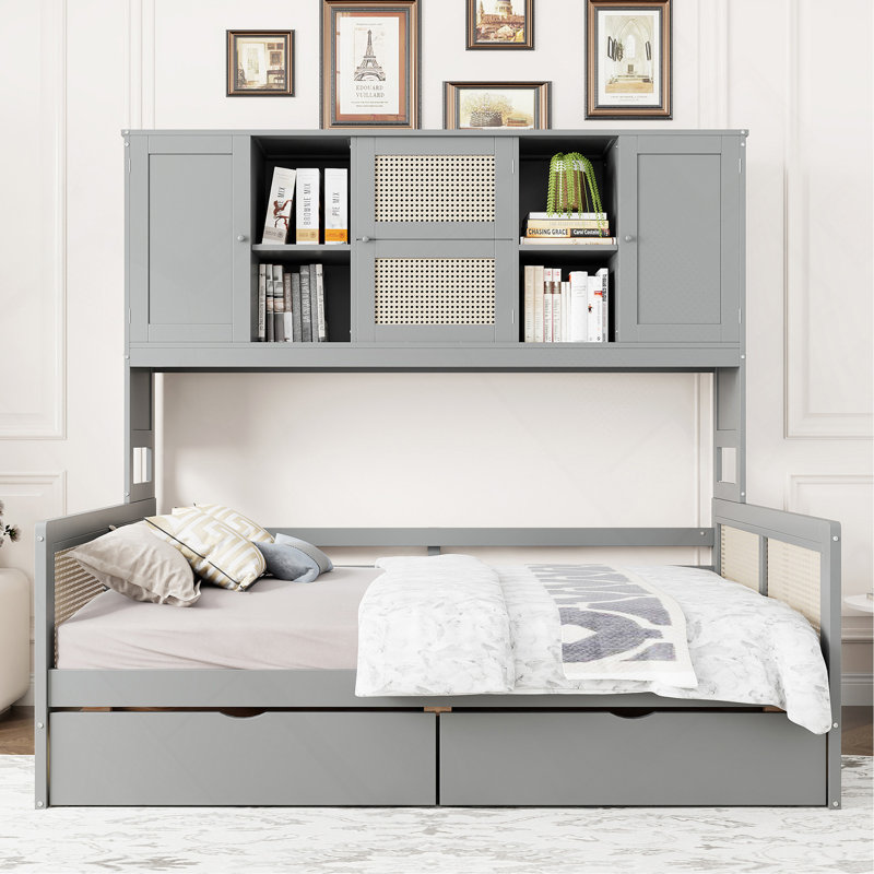 Lit de jour double avec 2 tiroirs, armoire et tablette tout-en-un