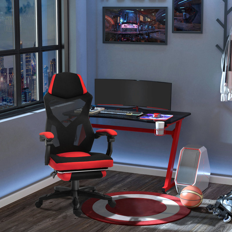 Vinsetto Ergonomic Home Office Chair High Back Armchair Computer Desk Recliner With Footrest, Mesh Back, Lumbar Support And Wheels, Red