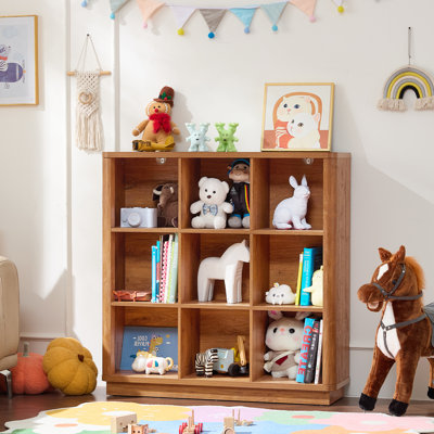 Étagère de rangement à 9 cubes, bibliothèque de rangement de 41 po de hauteur avec bord incurvé, bibliothèque à 3 niveaux avec base en bois, bibliothèque rétro pour chambre à coucher, bureau