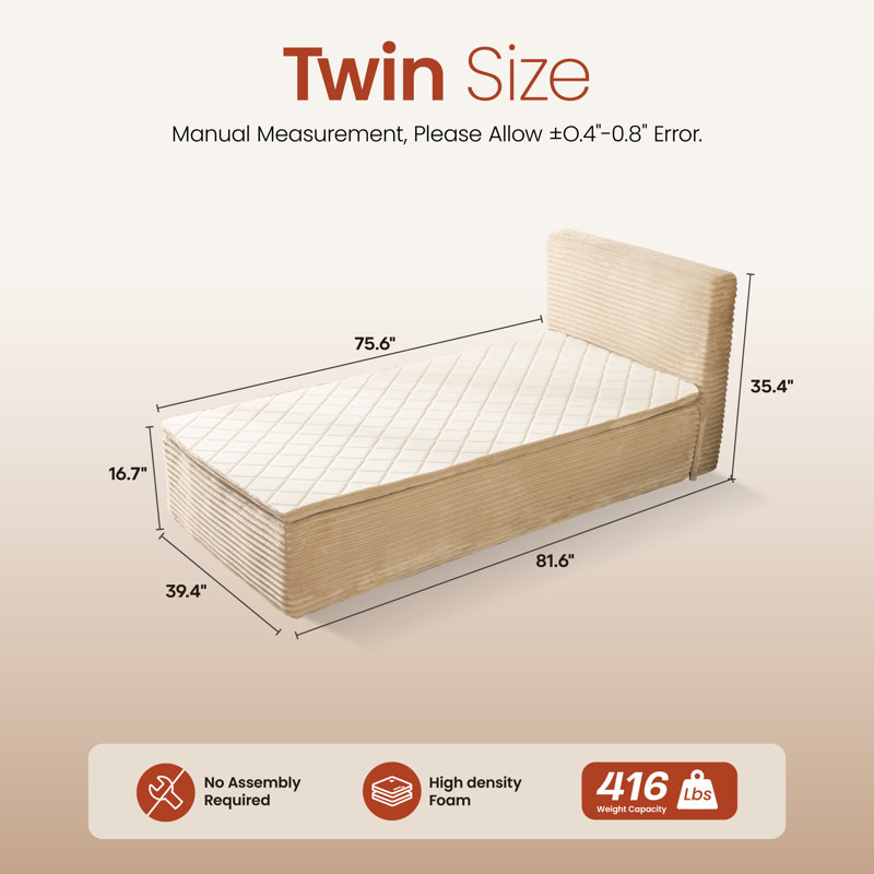 Upholstered Platform Bed, No Assembly Required Compression bed With Innerspring Mattress, Twin, Beige