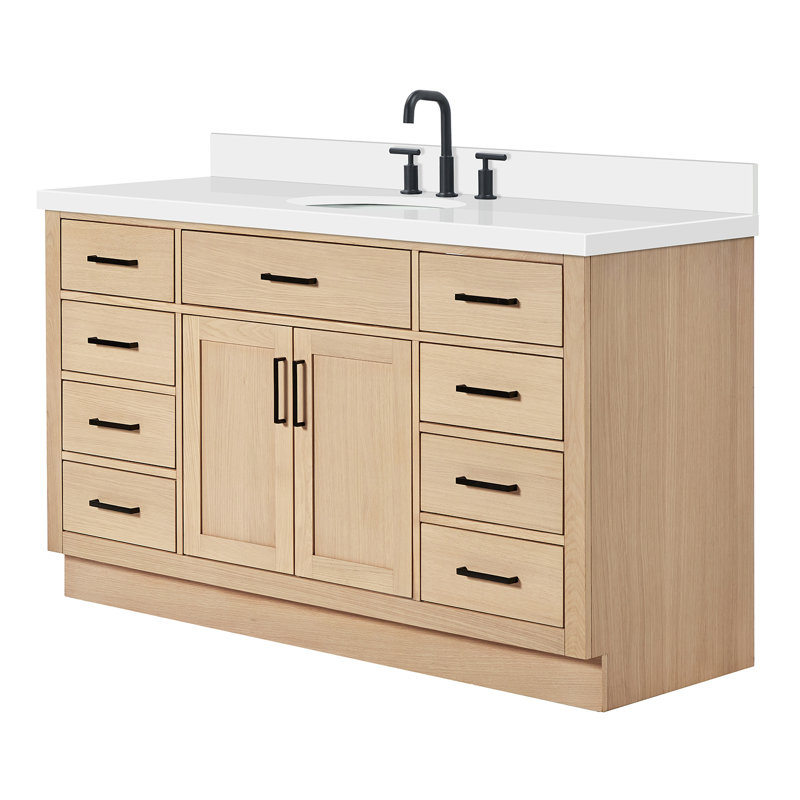 Tidworth Solid Wood Single Bathroom Vanity with 1.5'' White Quartz Top, Natural Oak, Oval