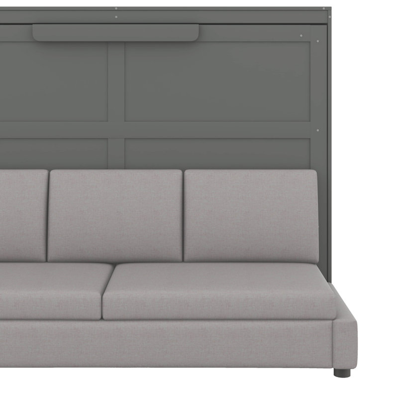 Lit escamotable fixé au mur avec canapé intégré, bibliothèques, charge USB et éclairage, Gris, Lit double