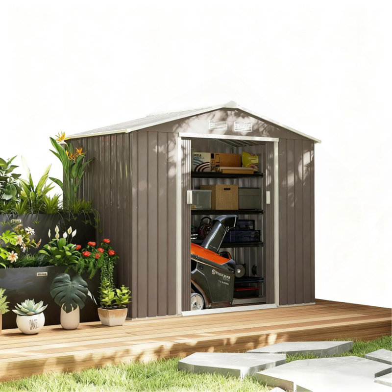 Garden Storage Shed Outdoor Storage Shed Metal Garden Tool Storage Shed with Sloped Roof, Gray, 72.8" H x 83.8" W x 51.3" D