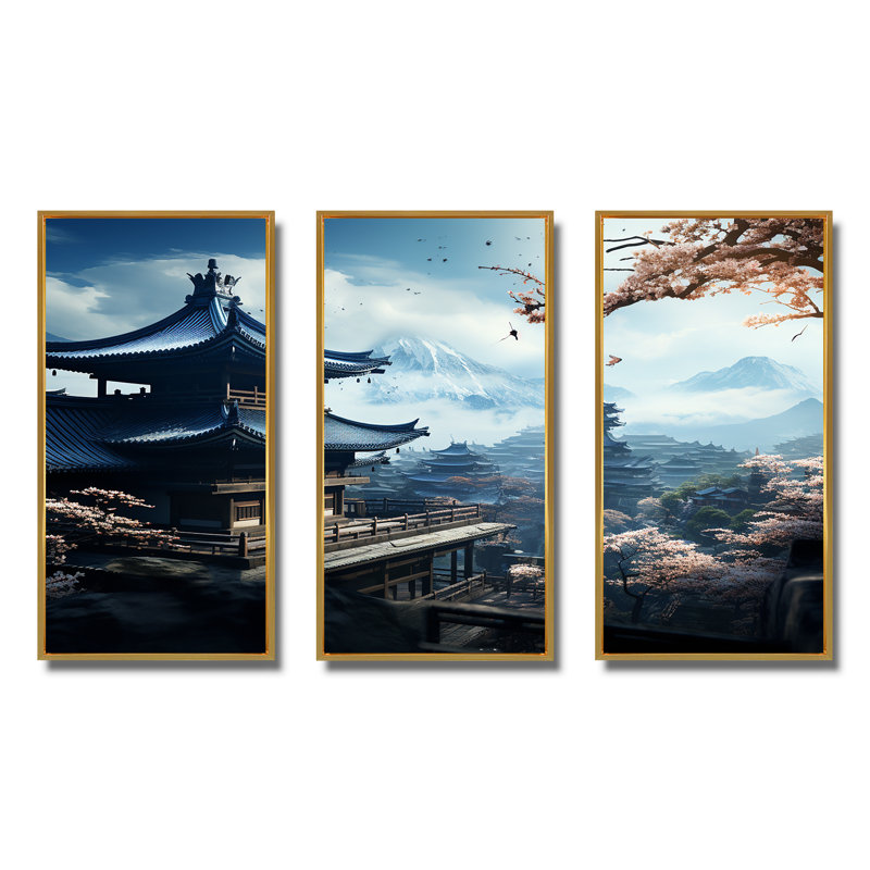 Japon, temple panoramique, sérénité - Japon, art mural, Cadre flottant doré, H 28 po x l 36 po x P 1 po