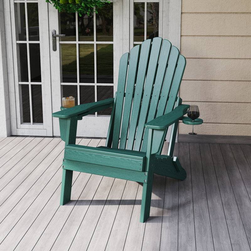 Folding HDPE Adirondack Chair with Dual Cup Holders – All-Weather Outdoor Patio Chair, Green