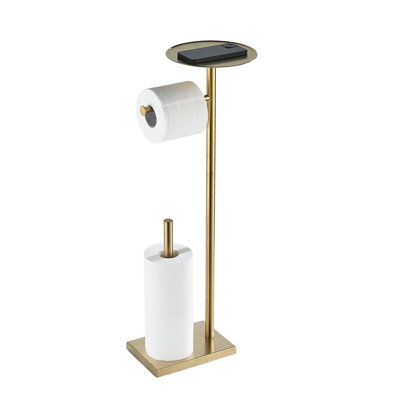 Brushed Gold Freestanding Toilet Paper Holder With Storage Shelf, Space-Saving Design, Modern Bathroom Organizer, Easy Installation