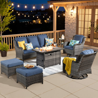 Cracraft 7-Piece Patio Furniture Set with 42" Fire Pit Table, Outdoor Wicker Sofa with Swivel Rocking Glider Chairs, High Back Rattan Conversation Set for Patio, Deck, Backyard, and Front Porch