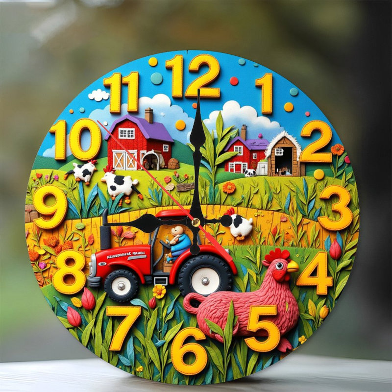 ferme scène horloge numéros tracteur poule