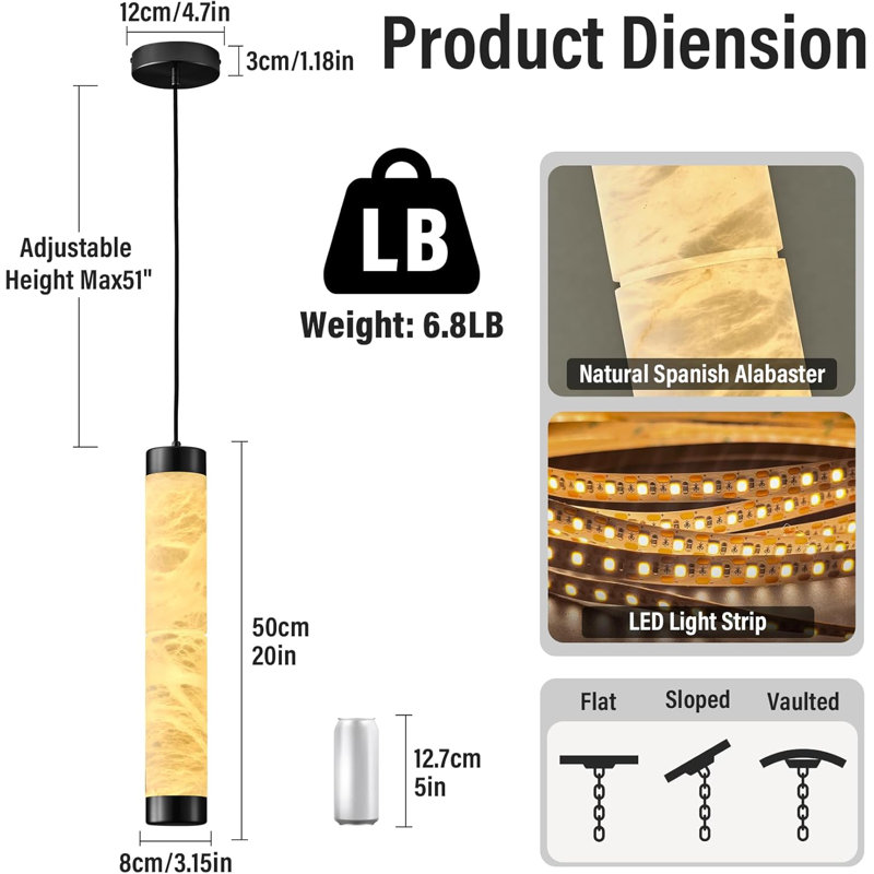 Luminaire suspendu moderne à 2 lumières en albâtre noir / or pour îlot de cuisine, long cylindre en marbre, Noir mat