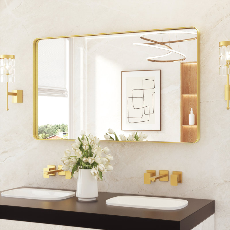 Leaderville Aluminum Framed Shatterproof Rust-Resistant Bathroom Mirror, 30" x 48", Brushed Gold, Rectangle