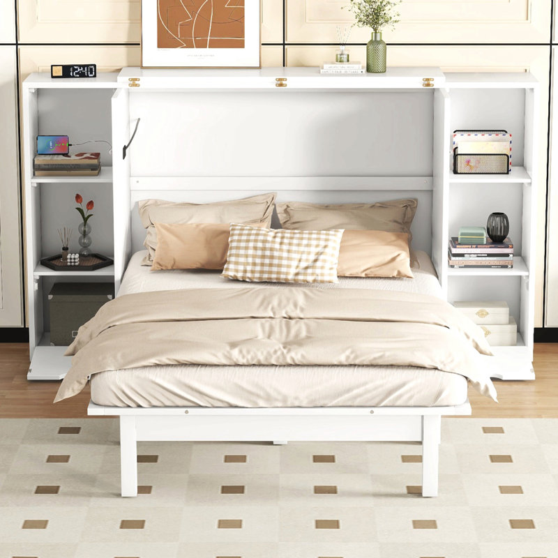 Lit escamotable avec tablettes, tiroirs et ports USB Murphy, Blanc, Grand lit