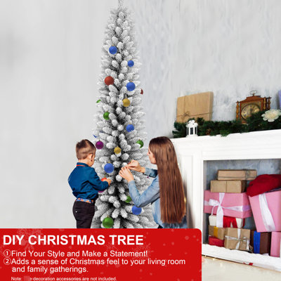 7ft Flocked Christmas Tree With 469 Snowy Tips, Space - Saving Pencil Design, Strong Metal Foundation Slim Realistic Effect, Stable Stand For