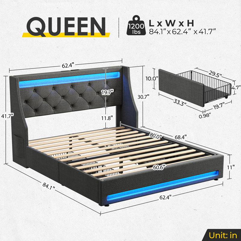 Komor Upholstered Storage Bed with Charging Station and LED Lights, Queen, Dark Gray