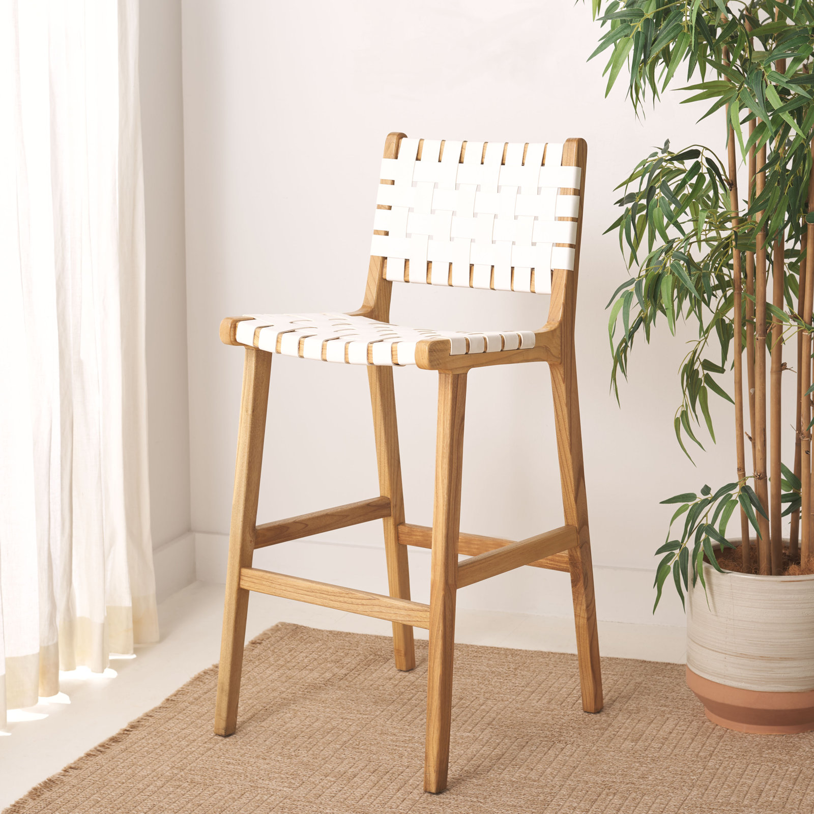 Alston Leather Stool, Bar Stool (29.70" Seat Height), White Leather/Natural Frame