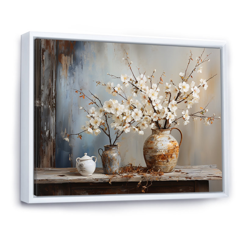 Art mural, poterie et fleurs, Cadre flottant blanc, H 12 po x l 20 po x P 1 po