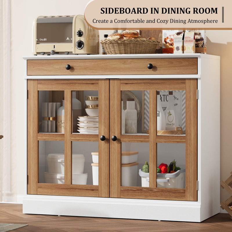 35.4" Sideboard Buffet Cabinets with Glass Door, Buffet Cabinet with Storage, Sideboard Cabinet with Drawer, White/Brown