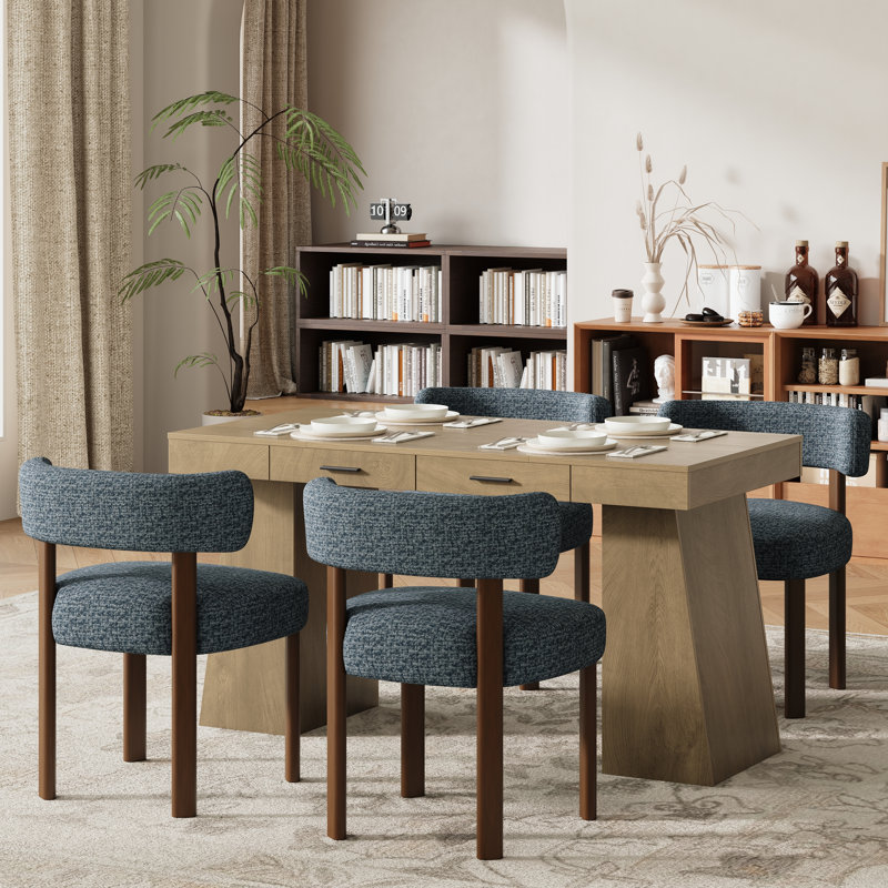 Ensemble de table et de chaises de salle à manger en bois avec 2 tiroirs, Brun, Bleu