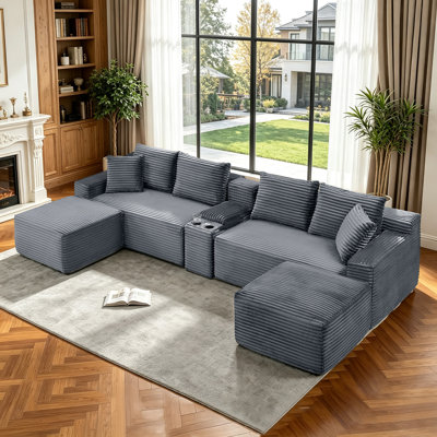 Canapé modulaire désossé en velours côtelé avec console de rangement, chargement USB, aucun assemblage requis