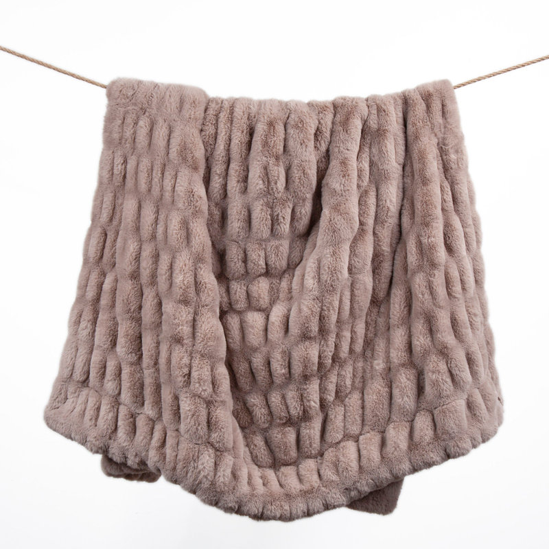  Reversible Ruched Rabbit Solid Faux Fur Classic Modern Rustic Throw Blanket, 50" x 80", Pink Blush