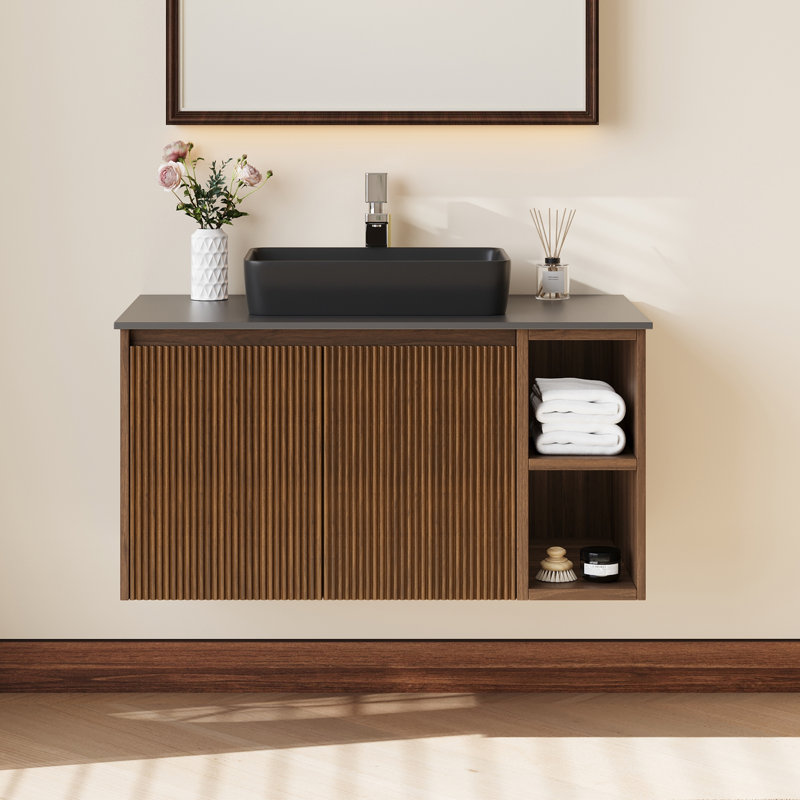 Meuble-lavabo flottant simple 30 po avec lavabo, meuble-lavabo mural avec vasque en pierre frittée noire, vasque en céramique, tablettes ouvertes et armoire