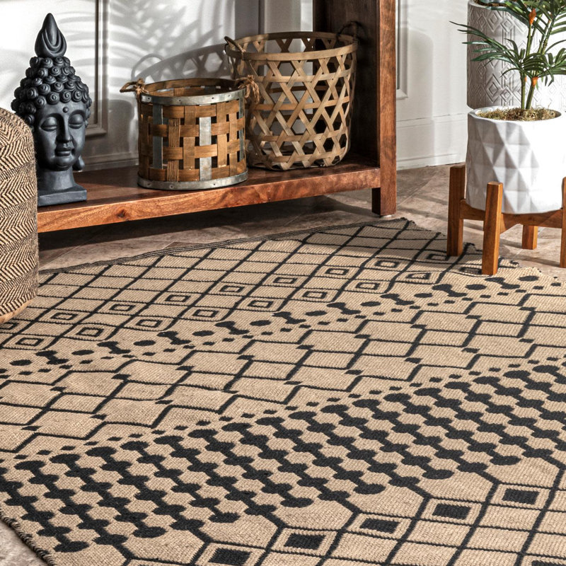 Southwestern Beige and Black Handwoven Jute Rug with Medallion Pattern