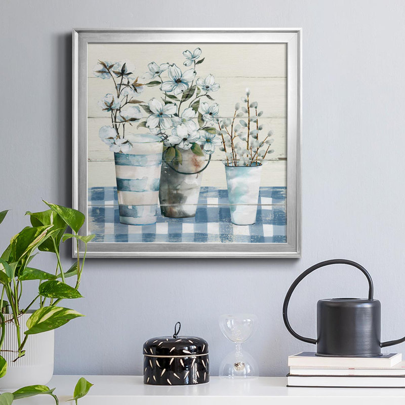 Gingham Blues - Peinture sur toile encadrée, Cadre argenté, H 17,5 po x l 17,5 po x P 1,5 po