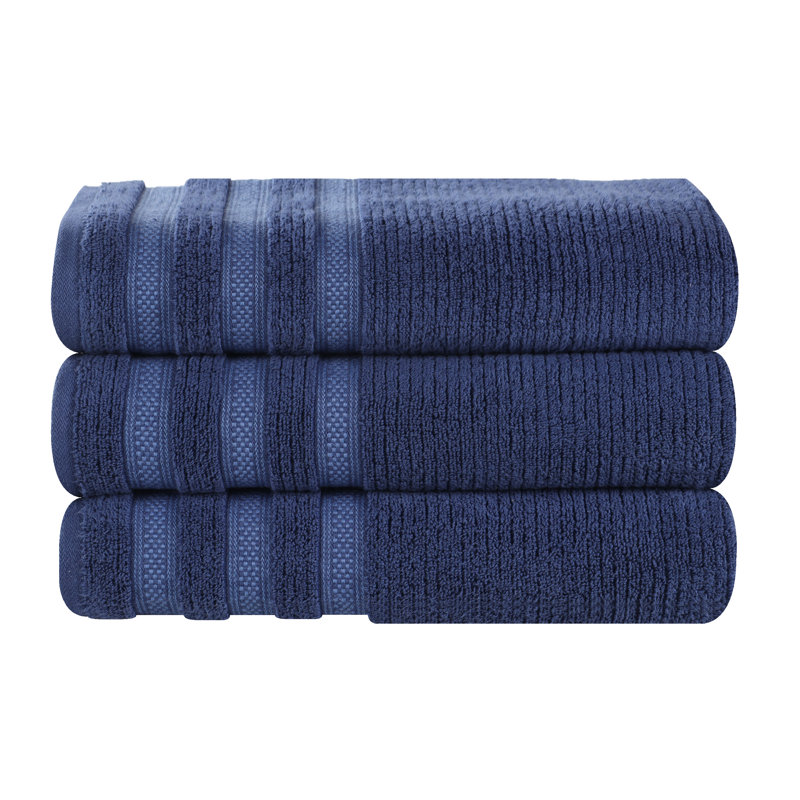 Emiliah Zero Twist Cotton Ribbed Modern Geometric Border Plush Soft Highly-Absorbent Bath Towel Set, Navy Blue