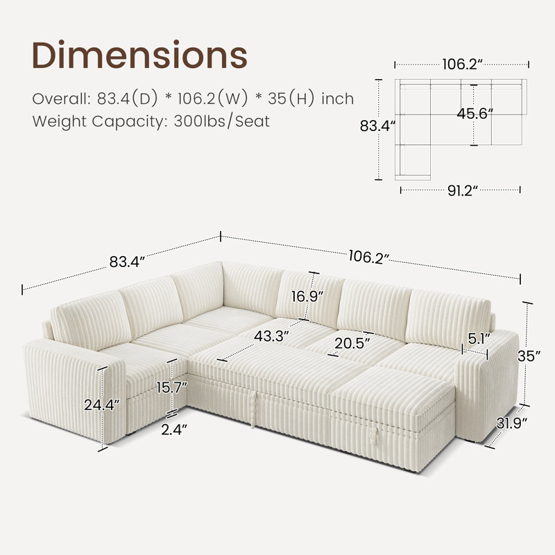 Hoelscher U Shaped Sleeper Corner Sectional Pull Out Sofa Bed With Storage Space, White Corduroy
