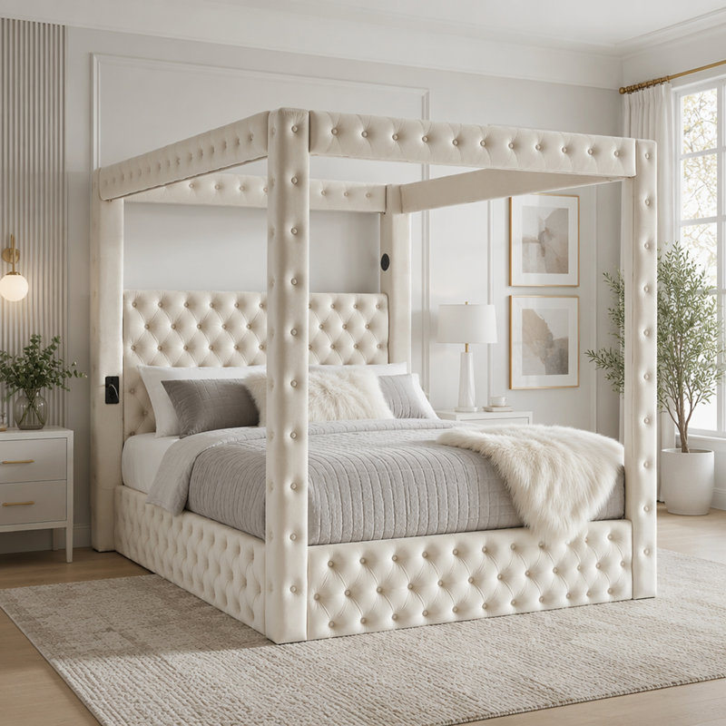 Lit tapissier en velours avec tête de lit capitonnée, haut-parleur Bluetooth intégré, ports de chargement USB, sommier robuste
