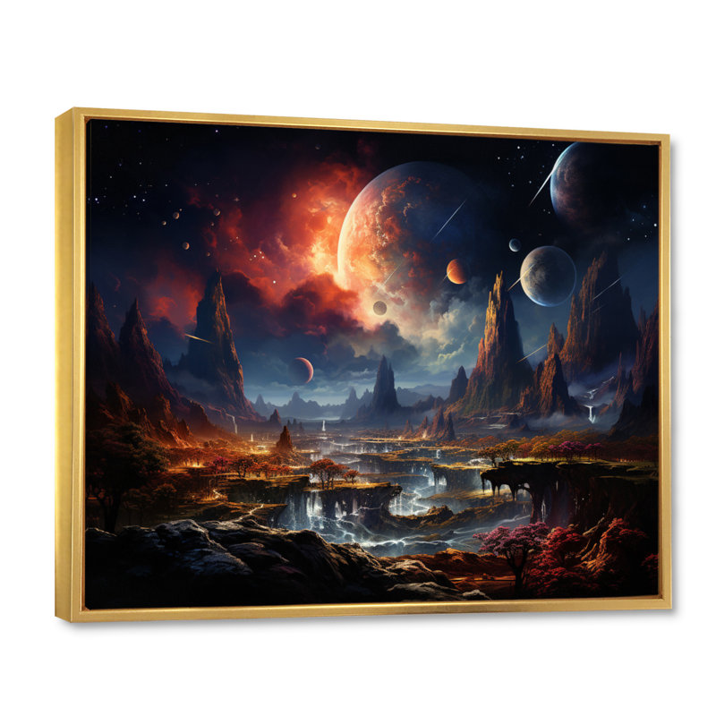 Impression sur toile orange orange et astronomique de l'espace, Cadre flottant doré, H 34 po x l 44 po x P 1,5 po