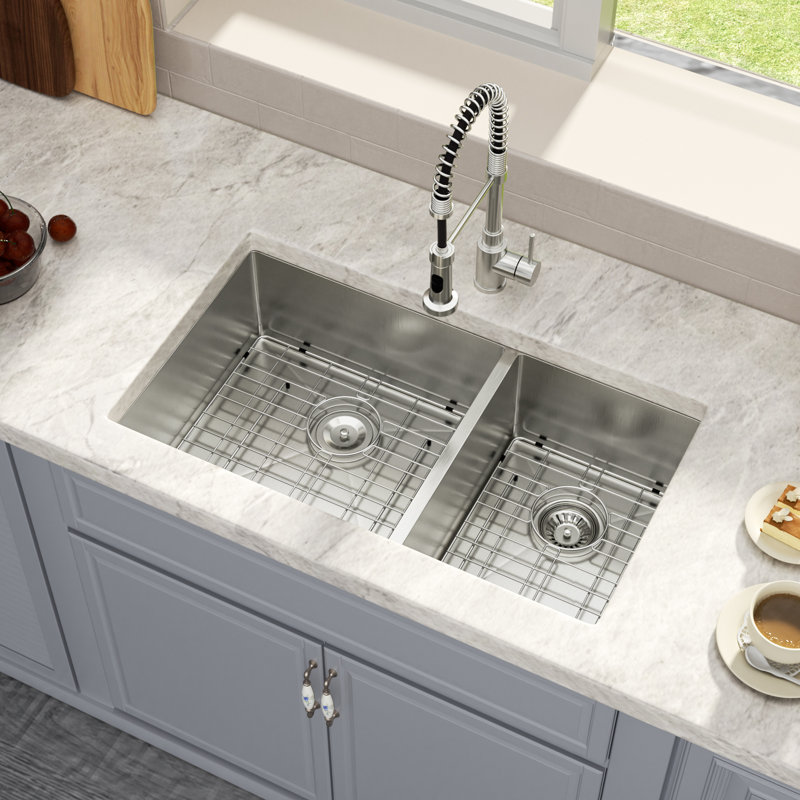 33" L x 19" W Undermount Double Bowl 60/40 Kitchen Sink Double Basin 16 Gauge Stainless Steel Sink