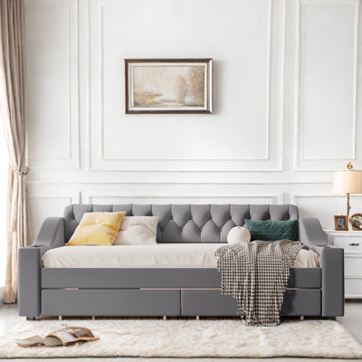 Upholstered Daybed With Storage Armrests, Usb Ports, Side Pockets, 2 Drawers And Button Tufted Design