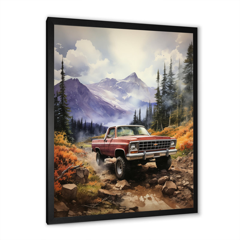 Xtelil Red Pickup Truck Mountain Majesty sur toile, H 20 po x l 12 po x P 1 po, Cadre photo noir