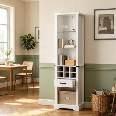 75 Inch Tall Storage Cabinet with LED Light Farmhouse Pantry Cabinet with Tempered Glass Adjustable Shelves Wine Storage Rack Freestanding Linen Tower for Bathroom Living Room Kitchen White