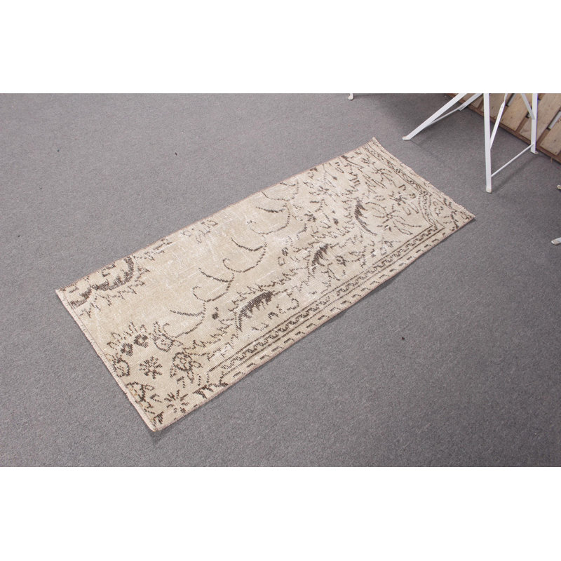Authentic Turkish Handmade Runner Rug in Neutral Beige for Classic Rustic Home Decor