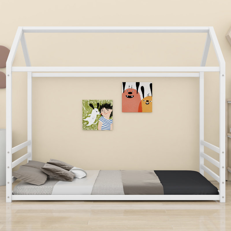 Structure de lit en métal de style Montessori, lit en forme de maison avec garde-corps pour enfants et tout-petits, assemblage facile, sans lattes
