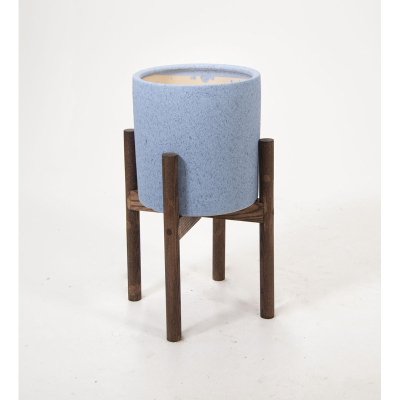 Leverett Handmade Ceramic Pot Planter, Sky Blue/Walnut
