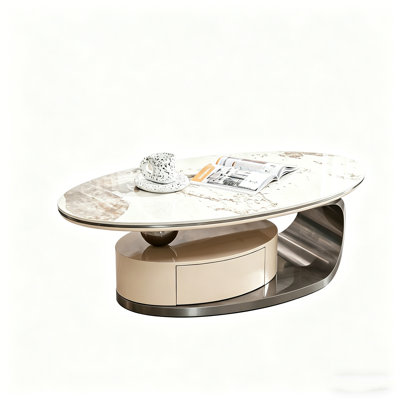 Table basse moderne 51 po ovale avec 1 tiroir de rangement - Table en verre trempé imitation marbre, base en acier inoxydable