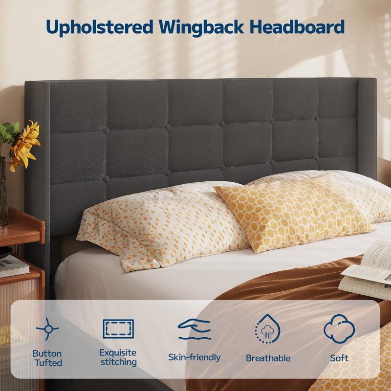 Hydraulic Lift Up Storage Upholstered Platform Bed with Wingback Headboard, Dark Gray, Queen