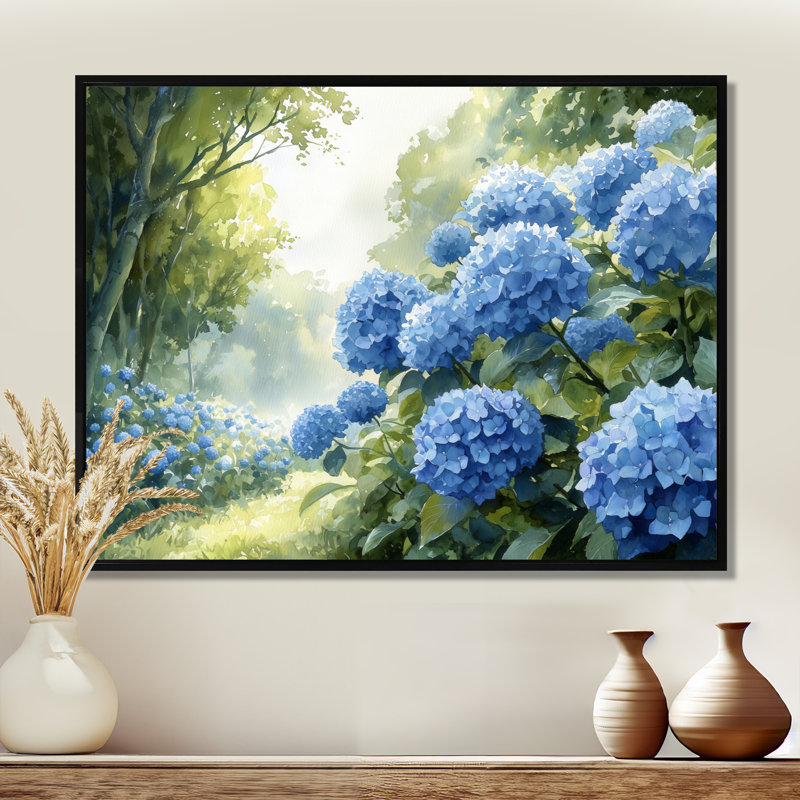Hortensias dans le verger - hydrangées, art mural, Cadre flottant imprimé sans passe-partout, Noir, H 12 po x l 20 po